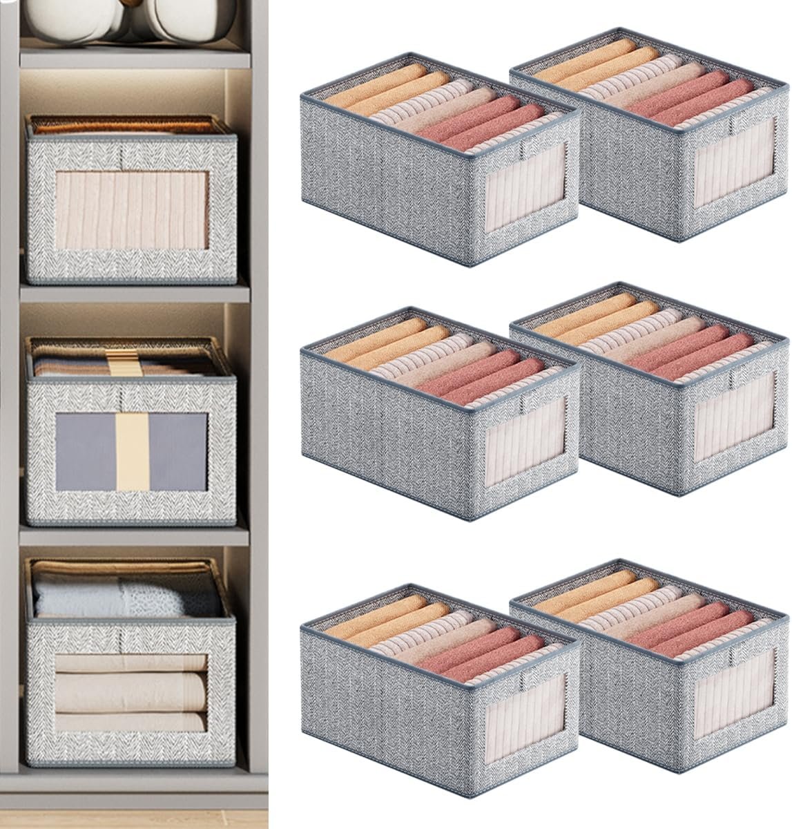 Wardrobe Clothes Organiser,6 Pack Wardrobe Organiser, See-Through Window For Home Storage & Organisation,Foldable Storage Containers With Handle For Jeans,Underwear,Blankets