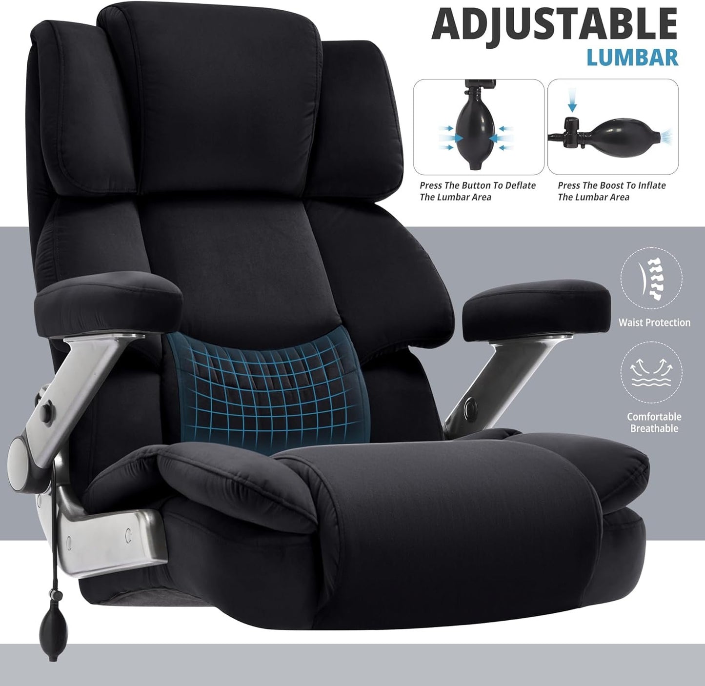 Big and Tall Office Chair 500lbs- Fabric High Back Desk Chair with Adjustable Lumbar Support 3D Flip Arms Plus Size Rubber Wheels- Large Executive Computer Chair, Extra Wide Seat, Ergonomic Design