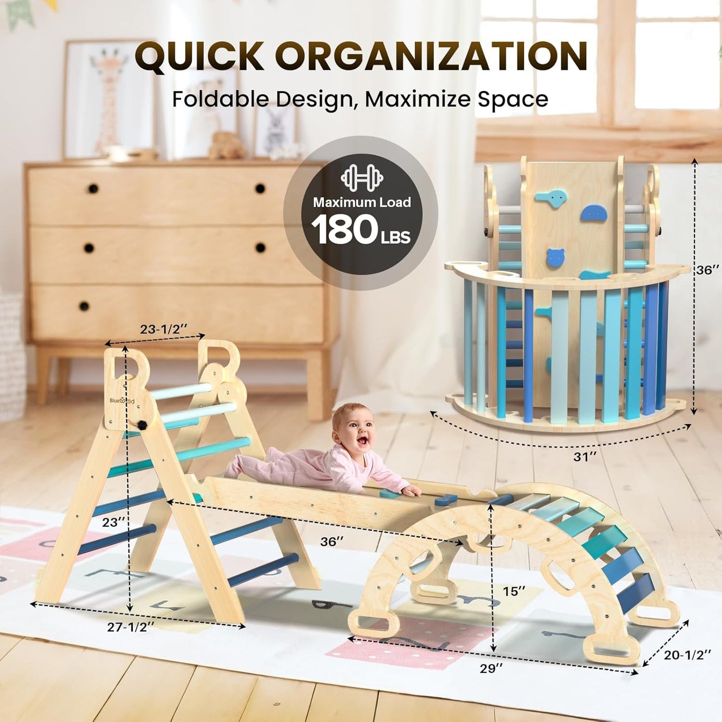 BlueWood Pikler Triangle Set 7in1 Foldable Baby Climbing Wooden Toys with Arch&Ramp&Ladder Climber Indoor Jungle Gyms for Toddlers - Sky Blue