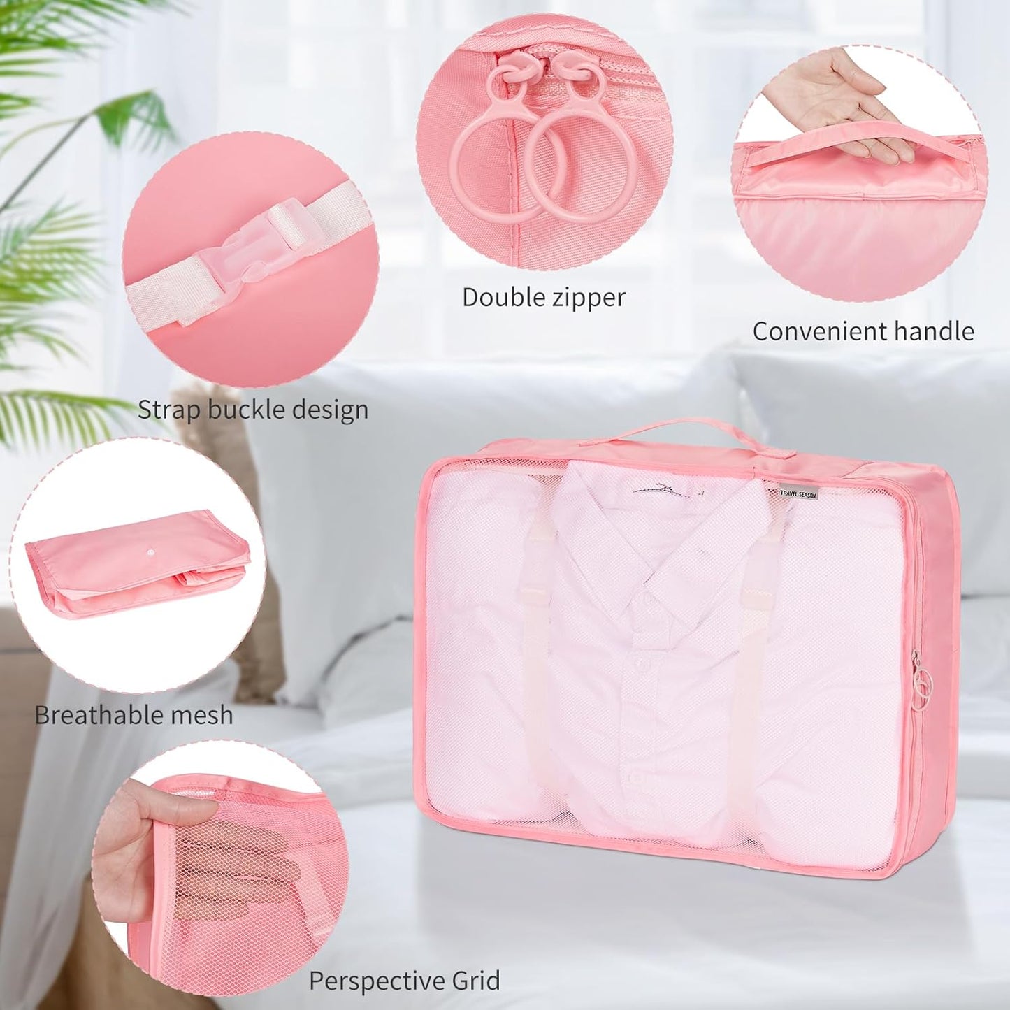 Coolzon Packing Cubes Travel Suitcase Organizer Set of 11, Compression Luggage Organizer Space-Saving for Clothes, Ultralight, Shoes, Underwear, Black, pink