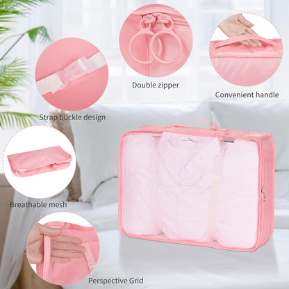 Coolzon Packing Cubes Travel Suitcase Organizer Set of 11, Compression Luggage Organizer Space-Saving for Clothes, Ultralight, Shoes, Underwear, Black, pink