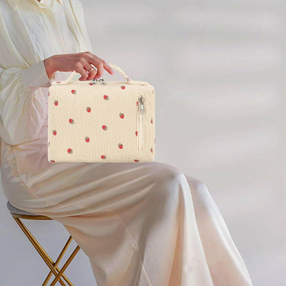 Bluboon Makeup Bag Zipper Pouch Travel Portable Cosmetic Bag Organizer for Women and Girls, Beige Strawberry Corduroy, Strawberry Corduroy Beige Cosmetic Bag
