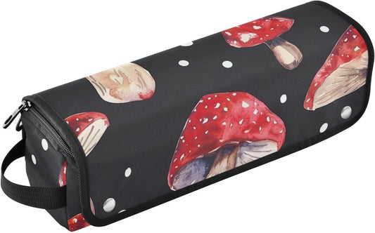 Foiosoh Borsa da viaggio per attrezzi da donna con tappetino in ferro a doppio strato, custodia da viaggio per arricciacapelli, piastra per capelli piatti, funghi rossi e pois bianchi