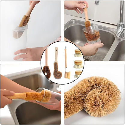 MYTOAU 6 Pack Bamboo Dish Brushes Sets for Kitchen with Handle,Wooden Cleaning Scrubbers Brushes, Eco-Friendly Natural Dishes Washing Brush for Dishwashing Cast Iron Pots Pans Skillet Kitchen Sink