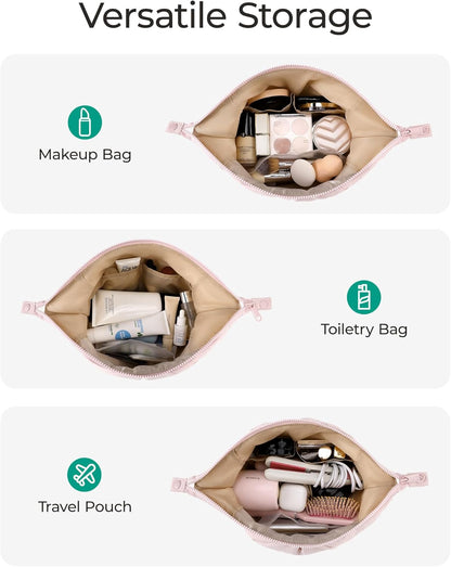 BAGSMART Makeup Bag Travel Makeup Bag, Cute Make Up Bag, Large Capacity Cosmetic Bags for Women, Wide-open Makeup Pouch Travel Essentials Toiletries Accessories Brushes (beige)