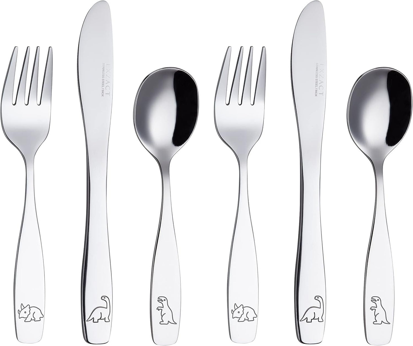 Exzact Children's Cutlery Stainless Steel 6pcs Kids Cutlery Flatware Toddler Utensils - Forks, Knives, Spoons - Dishwash Safe - 2 Years+ - Engraved Dinosaurs