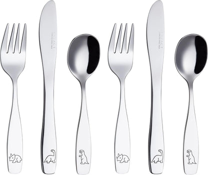 Exzact Children's Cutlery Stainless Steel 6pcs Kids Cutlery Flatware Toddler Utensils - Forks, Knives, Spoons - Dishwash Safe - 2 Years+ - Engraved Dinosaurs