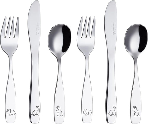 Exzact Children's Cutlery Stainless Steel 6pcs Kids Cutlery Flatware Toddler Utensils - Forks, Knives, Spoons - Dishwash Safe - 2 Years+ - Engraved Dinosaurs