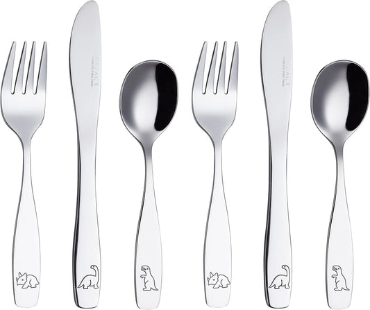 Exzact Children's Cutlery Stainless Steel 6pcs Kids Cutlery Flatware Toddler Utensils - Forks, Knives, Spoons - Dishwash Safe - 2 Years+ - Engraved Dinosaurs