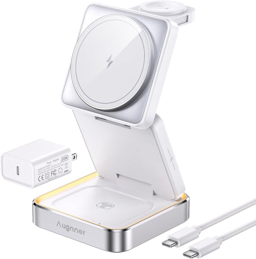 【2025 Upgraded】 Wireless Charger 3 in 1, Foldable Wireless Charging Station with Light for Apple MagSafe Charger, Travel Magnetic Charger for iPhone 16/15/14/13/12 Apple Watch AirPods (20W Adapter)