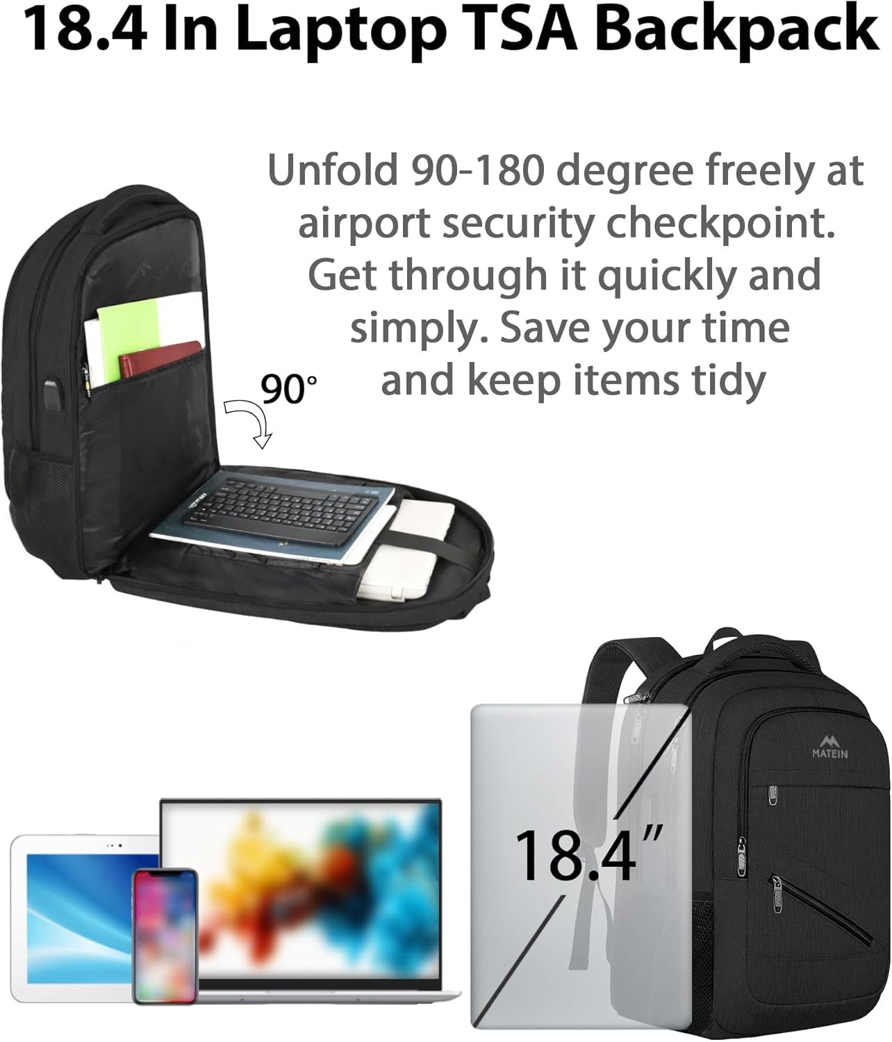 MATEIN Extra Large Business Travel Anti Theft Laptop Backpack, 18 Inch TSA Airline Approved Carryon Backpack for Women Men, Work Bag with USB Port and Luggage Strap, Black
