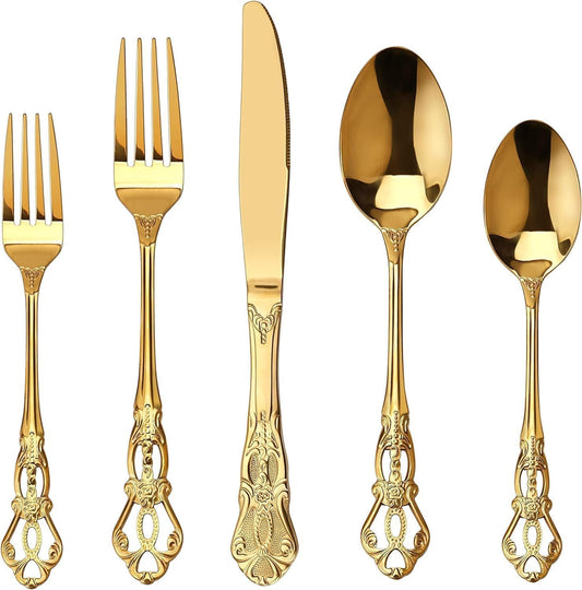 30 Pieces Gorgeous Retro Royal Gold Stainless Steel Flatware Set, Golden Silverware Set, Anti-Rust Stainless Steel Gold Cutlery Set Utensils Including Fork Spoon and Knife