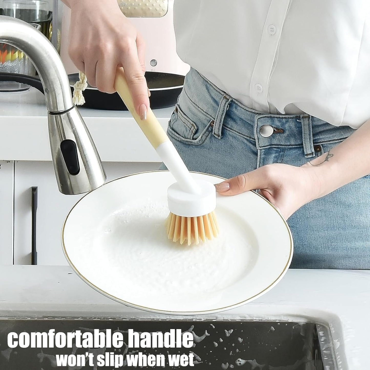 NINU Dish Brush with Handle with 3 Replacement Heads, Eco Brosse Vaisselle, Dish Scrub Brush, Dish Scrubber Brush, Vegetable Brush, Wok Brush for Cleaning Kitchen Utensils