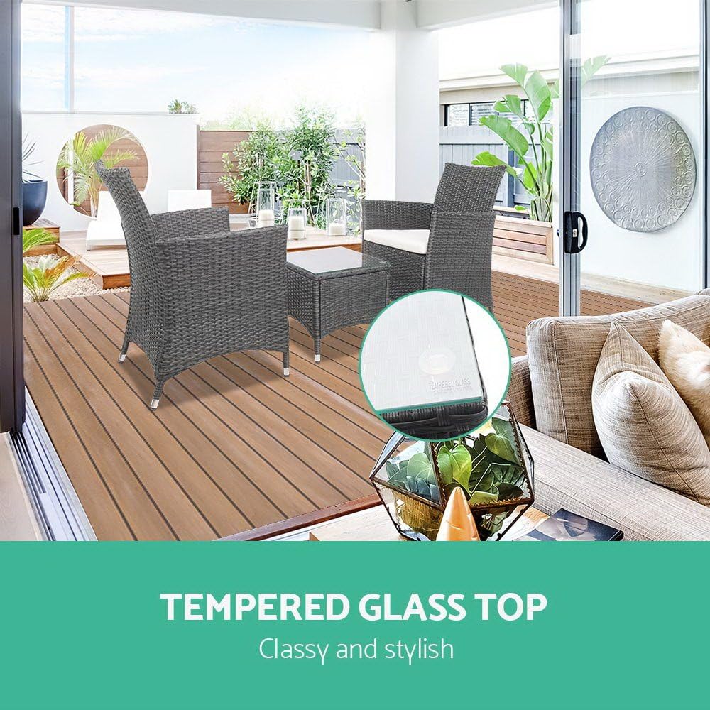 Gardeon 3pcs Wicker Patio Furniture, Bistro Set Table and Chairs Outdoor Lounge Setting Conversation Sets Dining Chair Garden Backyard, Cushion with Rattan Coffee Table Glass Tabletop Grey