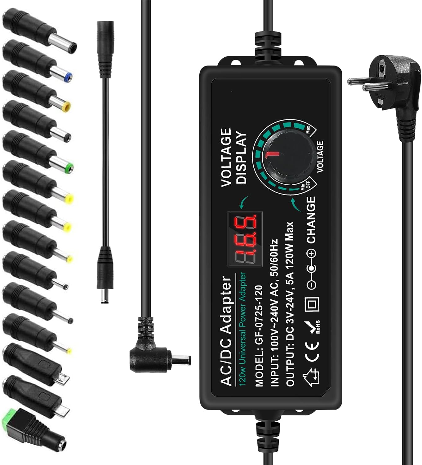 Comius Sharp Universal Power Supply, 3V-24V 5A 120W Adjustable Power Adapter, AC/DC 100V-240V Universal Adapter with 14 Tips and Polarity Converter, for Home Electronics