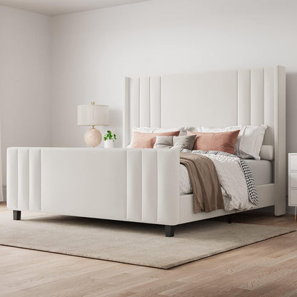 Jocisland Queen Size Platform Bed Frame, Upholstered Bed with Vertical Channel Tufted Wingback Headboard & Footboard, Premium Velvet, No Box Spring Needed, Cream