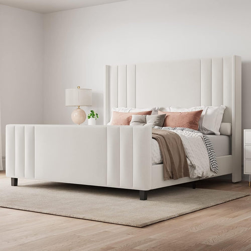 Jocisland Queen Size Platform Bed Frame, Upholstered Bed with Vertical Channel Tufted Wingback Headboard & Footboard, Premium Velvet, No Box Spring Needed, Cream