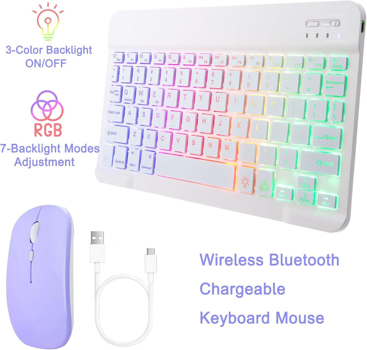 VLEAQC Keyboard Case for Samsung Galaxy Tab A9+/A9 Plus 11 Inch 2023 (SM-X210/X216/X218), Detachable Color Backlit Bluetooth Keyboard and Mouse, Slim Lightweight Stand Cover with Pen Holder,Purple