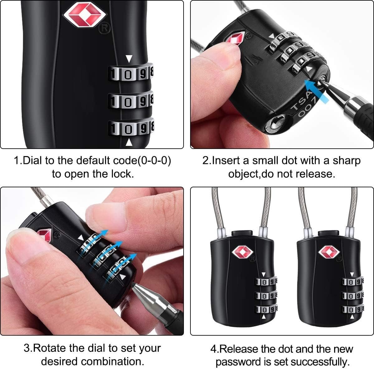 (8 Pack) ZANZER 4 pcs Luggage Locks for TSA with 4 pcs Luggage tag, Combination Padlock with Alloy Body TSA Lock for Travel Bag, Suit Case, Lockers, Gym, Bike Locks