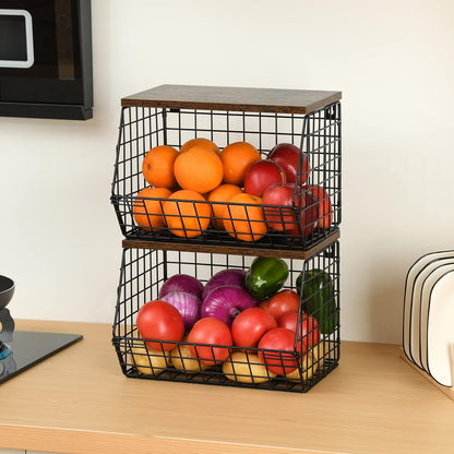 Wetheny 2pcs Fruit Basket Onion Storage Wire Basket with Wood Top- Wall Mounted & Stackable Kitchen Counter Organizer,Cabinet Organizer Bin for Potato,Produce,Bread,Snack Storage(Matte Black)
