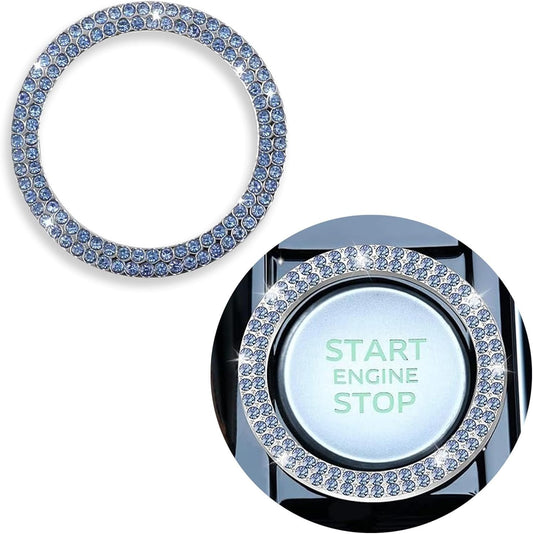 KAQISI 2 Pack Car Bling Crystal Rhinestone Engine Start Ring Decals, Car Push Start Button Cover, Key Ignition Knob Bling Ring, Sparkling Car Interior Accessories for Women (Blue)
