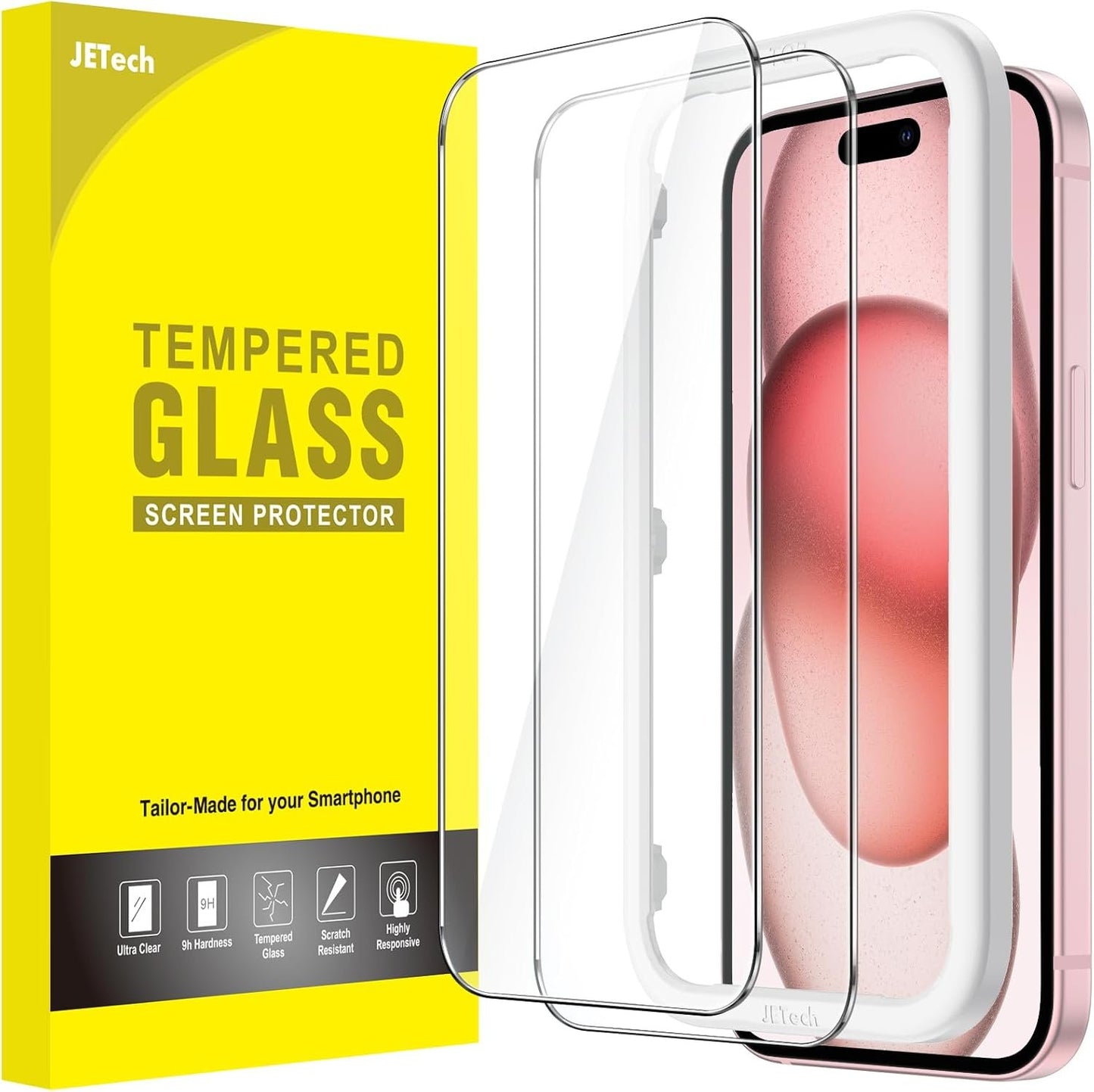 JETech Screen Protector for iPhone 15 6.1-Inch, Bubble Free, Tempered Glass Film with Easy Installation Tool, Case-Friendly, HD Clear, 2-Pack