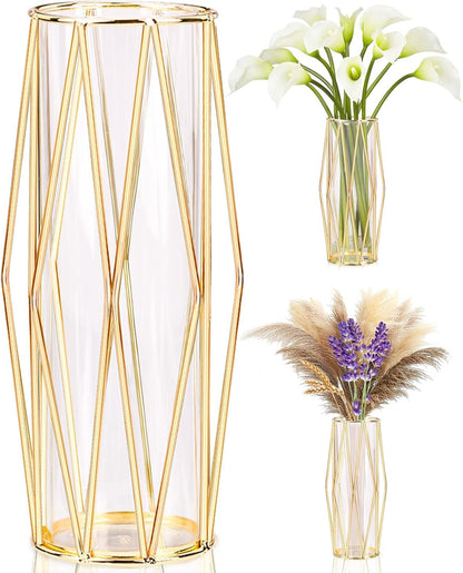 Decorative Indoor Glass Vase with Metallic Geometric Stand, Crystal Terrarium, Glass Vase for Hydroponic Plants and Flowers, Wedding Centerpieces and Interior Decoration