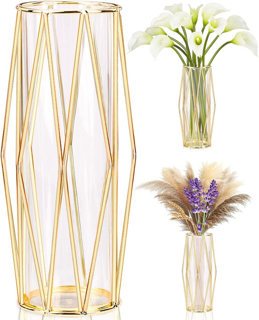 Decorative Indoor Glass Vase with Metallic Geometric Stand, Crystal Terrarium, Glass Vase for Hydroponic Plants and Flowers, Wedding Centerpieces and Interior Decoration