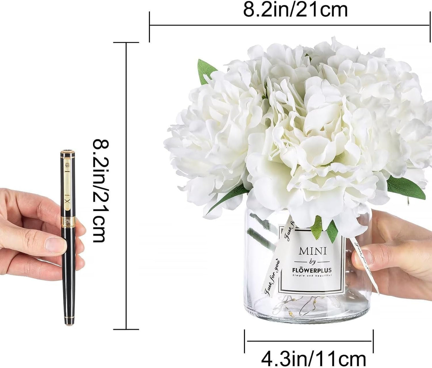 White Fake Flowers with Vase: Blosmon Small Coffee Table Decor Bathroom Peony Faux Flowers in Vase Office Desk Shelf Home Living Room Bedroom Vanity nightstand Decorations Floral Arrangement