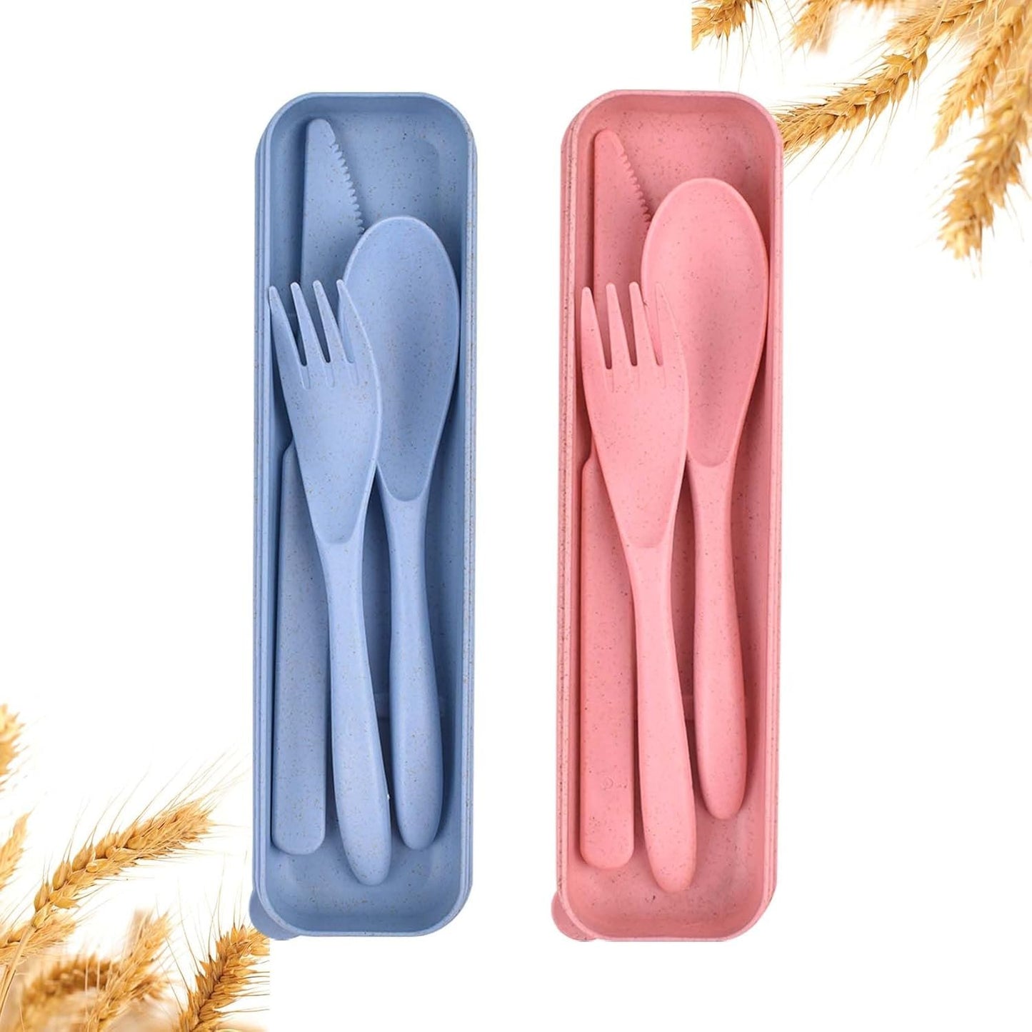 Reusable Utensils Set with Case, 2 Sets Plastic Travel Cutlery Set, Portable Camping Fork Knife Spoon Chopsticks Utensil Sets for Kids Men and Women (Pink, Blue)