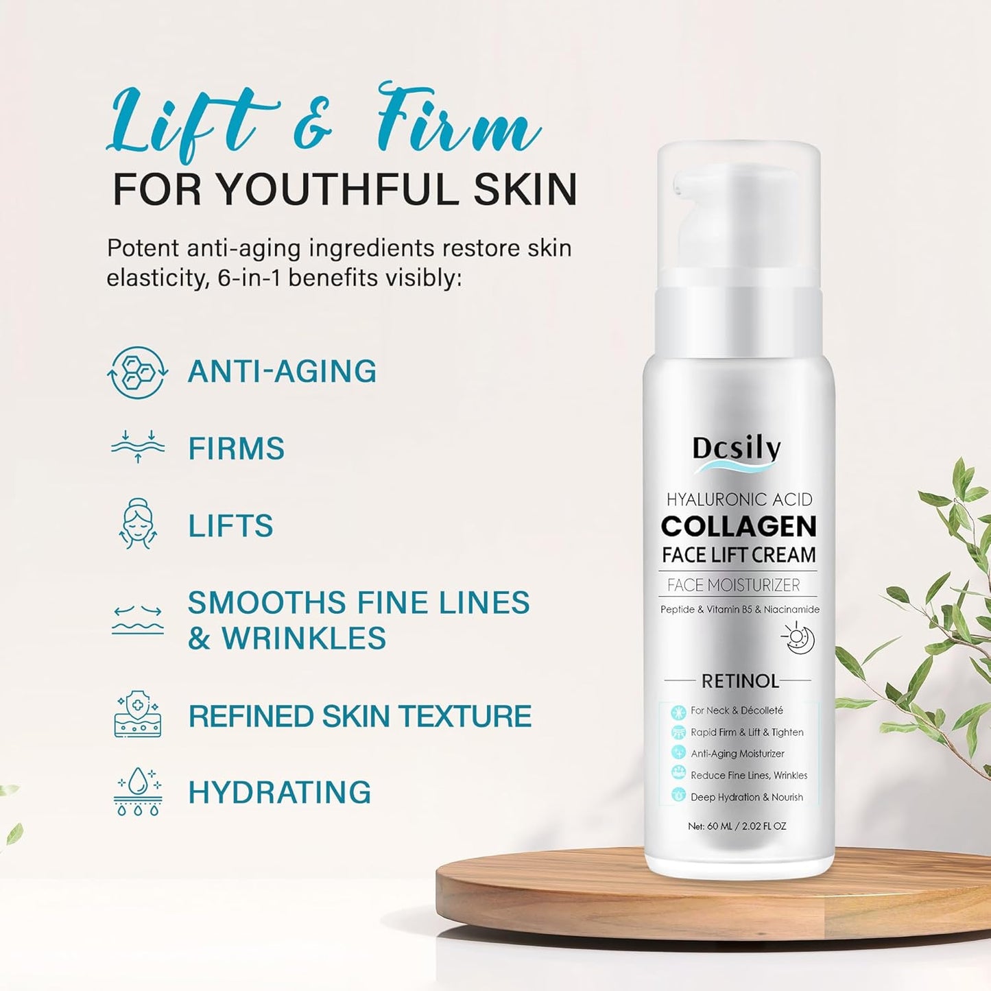 Skin Tighten And Lift Neck Cream: Face Lift Cream 6-in-1 Anti-Aging Moisturizer for Anti Wrinkle - Hydrating Neck Firming Cream with Retinol, Collagen, Peptide, Hyaluronic Acid for Neck & Décolleté