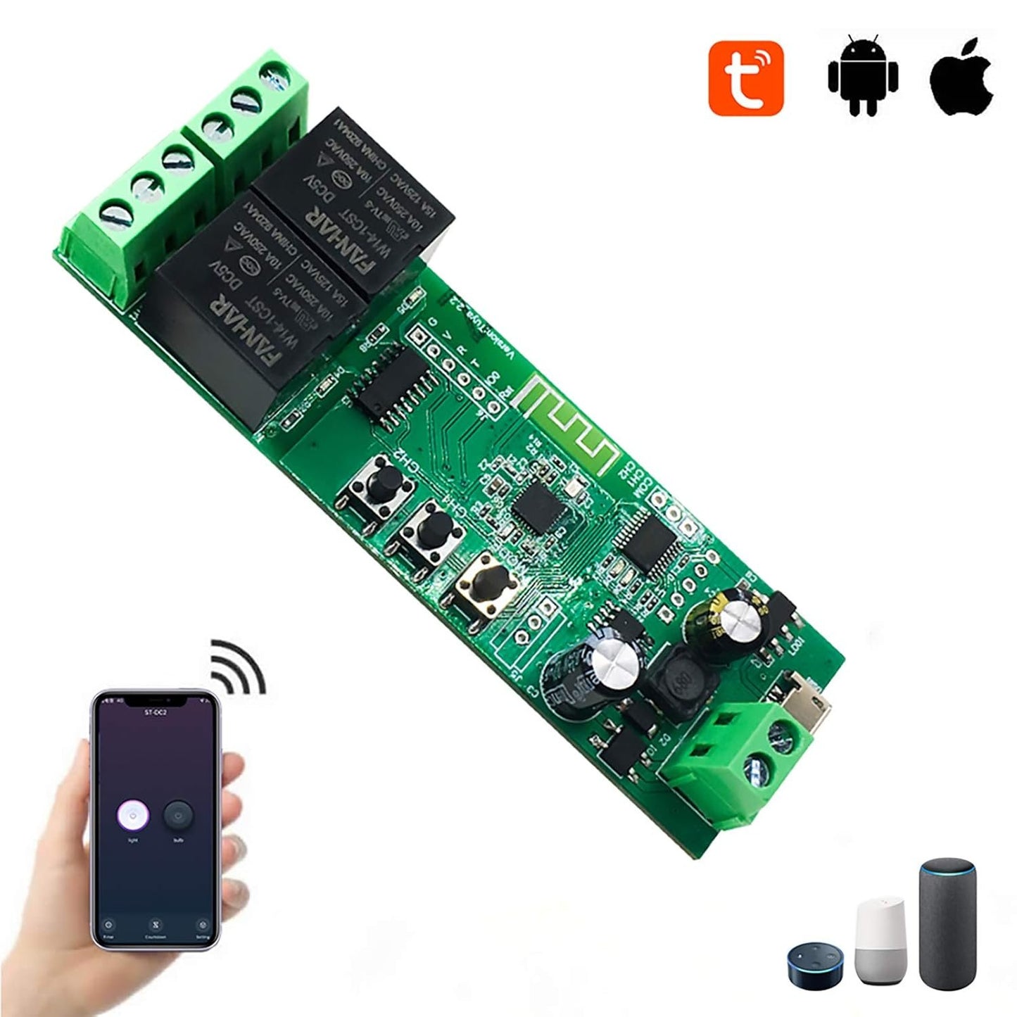 Newgoal 2-Channel WiFi Smart Switch Relay Module, TUYA/Smart Life App for Smart Home Remote Control, Momentary Time Adjustable, Compatible with Alexa/Google Assistant