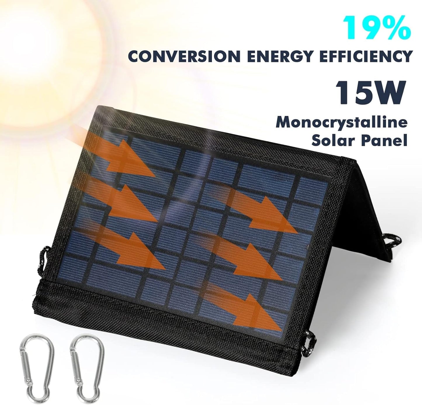 DEWIN Portable Foldable Solar Charger 15W 5V USB Solar Power Bank Waterproof for Phone Tablet Camera and Camping Travel (2 Fold)