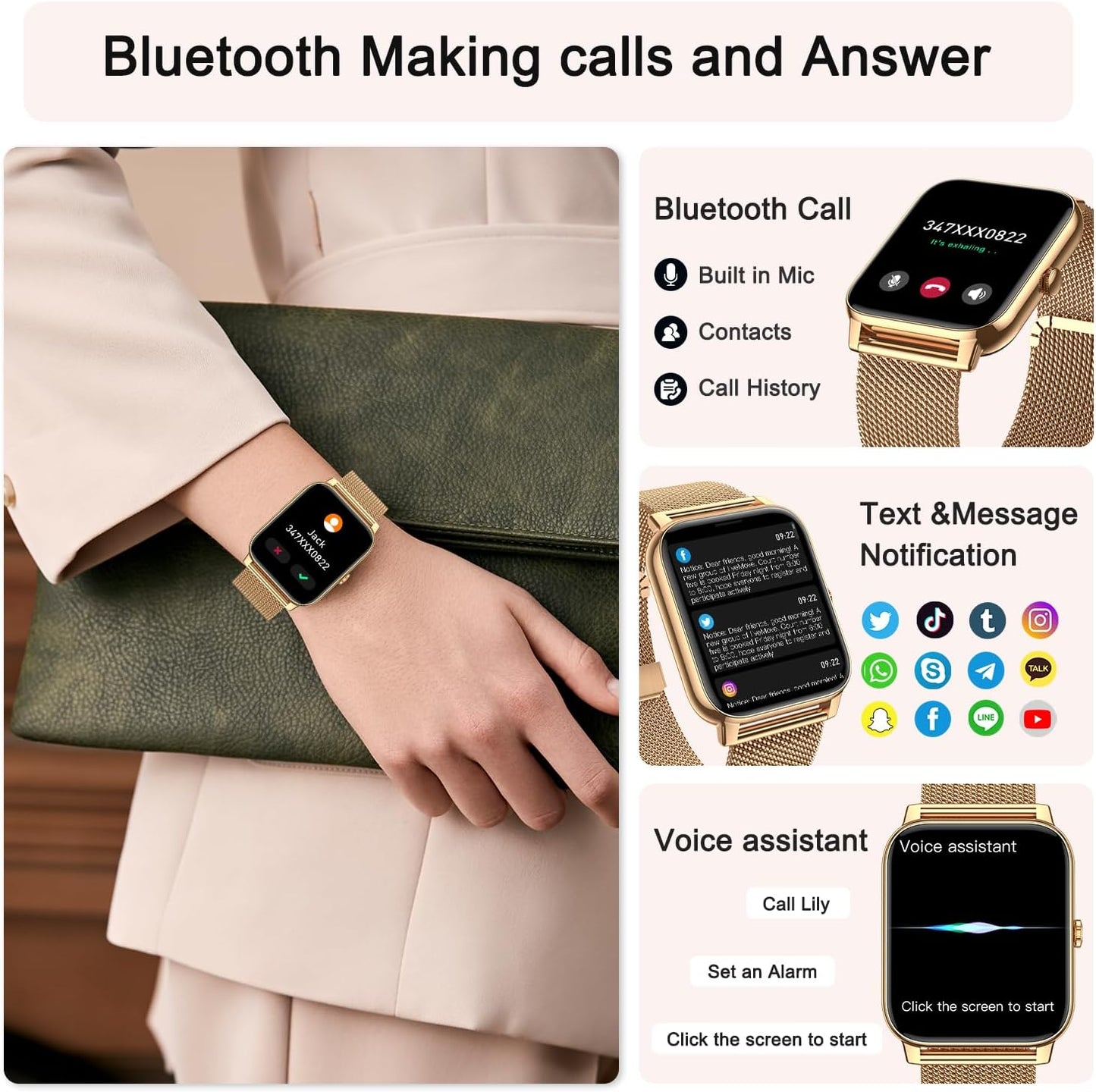 Smartwatch Women's Men's Fitness Watch: Bluetooth Call Answer Handsfree Waterproof Digital Smart Watch Tracker Heart Rate Monitor Spo2 Sports Calorie Pedometer for Android iOS Phone