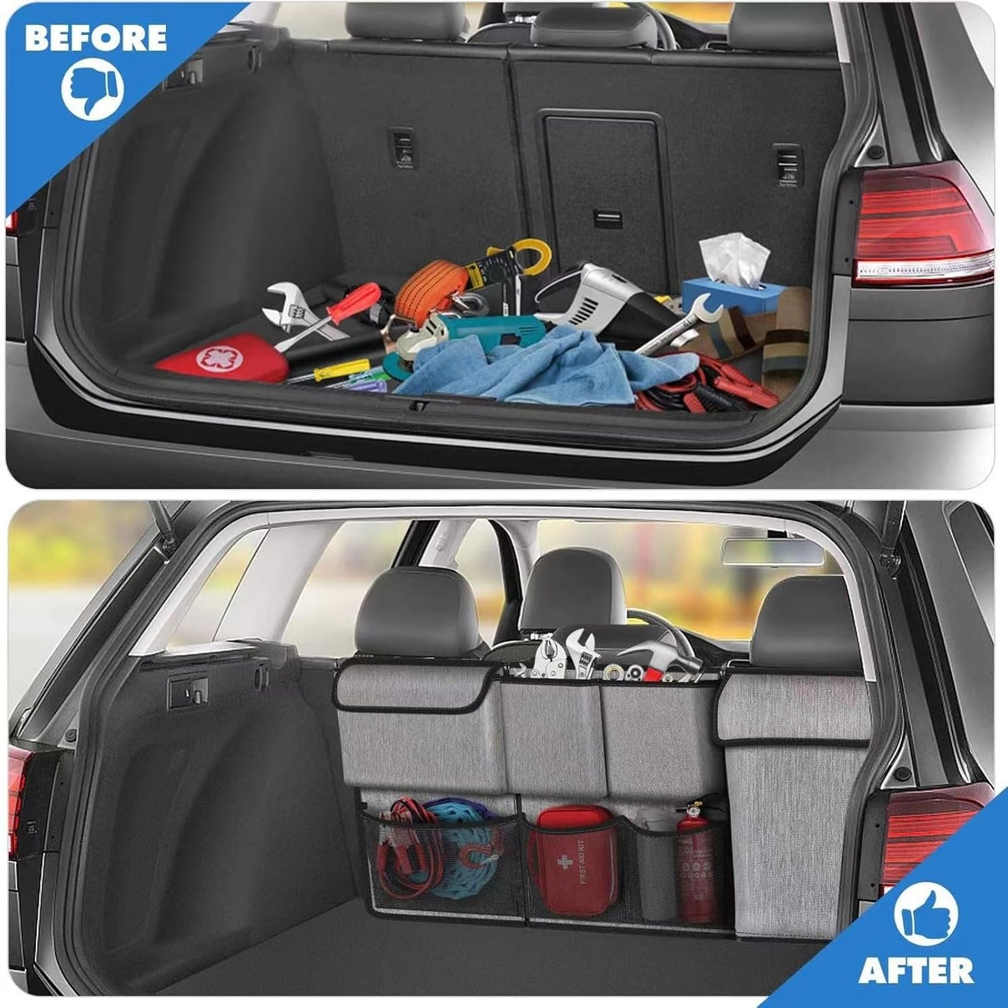 Large Capacity Car Trunk Suspension Organization Storage Bag - Waterproof, Detachable & Foldable - Suitable for SUVs and Jeeps - 7 Pockets - Gray & Black - Durable Oxford Cloth (Grey)