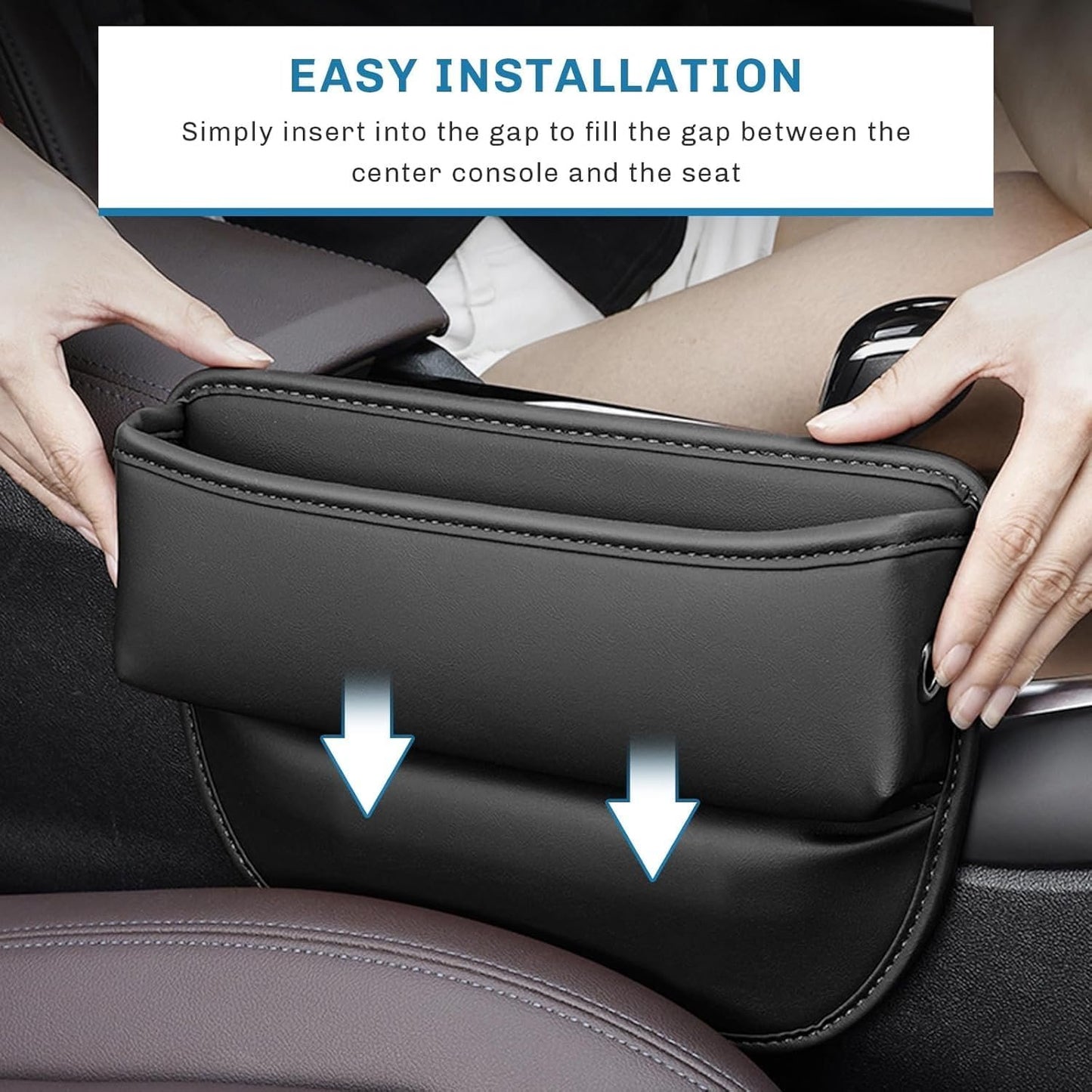 Car Seat Gap Filler, Universal Car Seat Gap Organizer, Leather Car Seat Storage Box, Black Front Seat Gap Filler &Pocket, Interior Automotive Accessory for Holding Phones Cards Keys Wallet