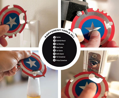 Marvel Captain America 7-In-1 Multitool Kit | Includes Screwdrivers, Wrenches, Bottle Opener, Rope Cutter, Can Opener, Hand Tool Gadgets | Portable Survival Camping Tool