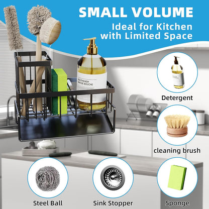 Sponge Holder for Kitchen Sink - Rustproof Sink Caddy with Brush Holder, Kitchen Sink Organizers and Storage Dish Soap Dispenser Home Essentials Organization Accessories (Black, With Brush Holder)