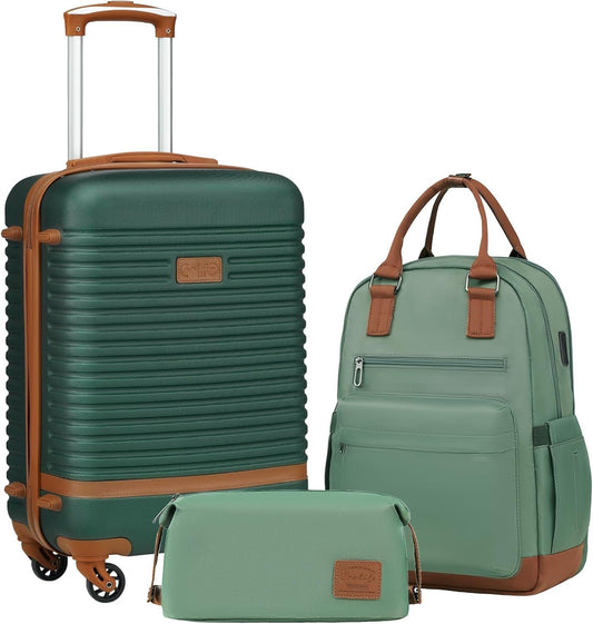 COOLIFE ABS 4 Wheel Suitcase Travel Suitcase TSA Lock Suitcase Includes 1 Travel Backpack and 1 Cosmetic Bag Travel Set, Apricot/Dark Green, 1 x Travel Backpack and 1 x Toiletry Bag Included