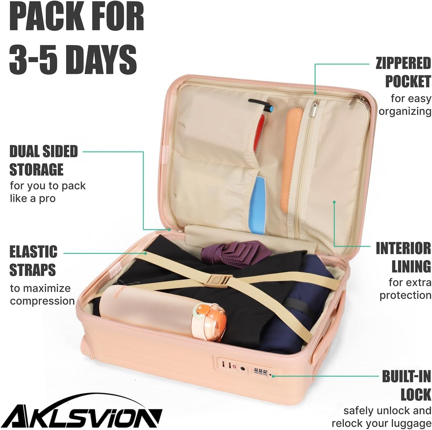 Aklsvion PC+ABS Durable Carry-On 18-inch Hardside Luggage with Detachable Spinner Wheels TSA Lock（Pink