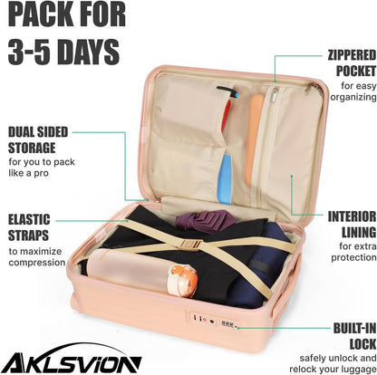 Aklsvion PC+ABS Durable Carry-On 18-inch Hardside Luggage with Detachable Spinner Wheels TSA Lock（Pink