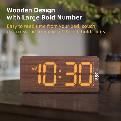 Wooden Digital Alarm Clocks for Bedrooms: Dimmable Dual Alarm Clock with Large Numbers for Bedside Desk - Brown