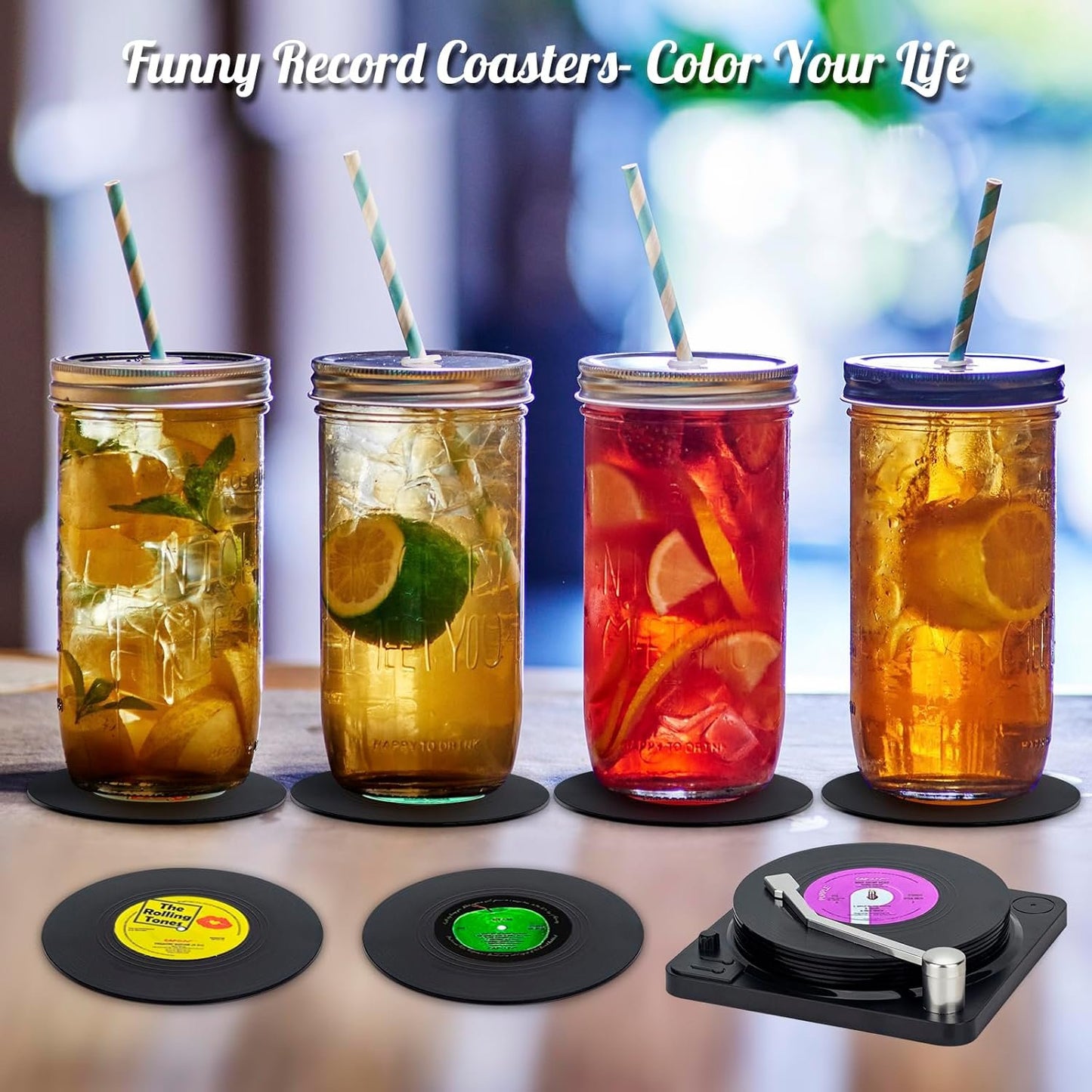 Valdivia Vinyl Record Coasters for Drinks with Records Player, Retro Album Coasters Set of 6, Funny Coasters and Cool Home Decor for Housewarming Gifts, Music Lovers Gifts, Wedding Registry Gift Ideas