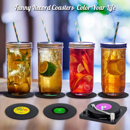 Valdivia Vinyl Record Coasters for Drinks with Records Player, Retro Album Coasters Set of 6, Funny Coasters and Cool Home Decor for Housewarming Gifts, Music Lovers Gifts, Wedding Registry Gift Ideas