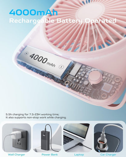 Otlonpe Desk Fan Portable Fan Rechargeable,4000mAh USB Battery Operated Personal Fan,Silent Foldable Travel Fan with Power Bank,4 Speeds Small Table Fan for Bedroom Home Office Outdoor Desktop (Pink)