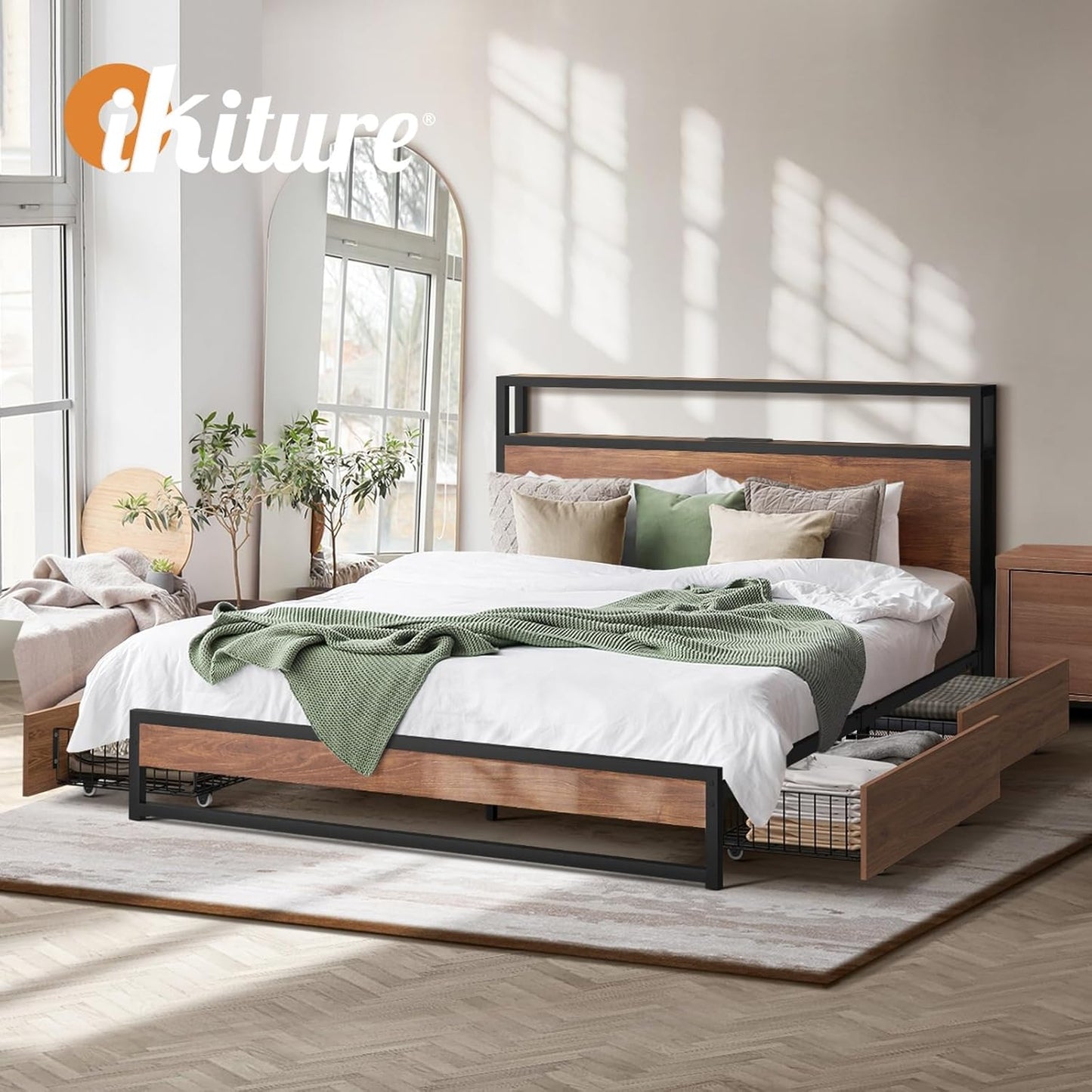 Oikiture King Bed Frame with Led Light and Charge Station Metal Bed with 4 Drawers