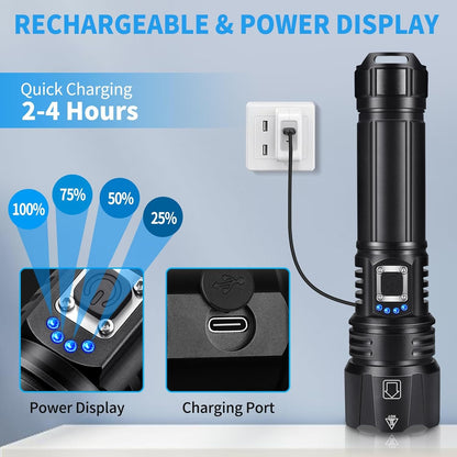 Rechargeable Flashlight, Super Bright Led Flashlight with Irradiation Distance of 3600Ft, 5 Modes,IP6 Waterproof Tactical Flashlights, Suitable for Camping, Climbing, Walking Dogs