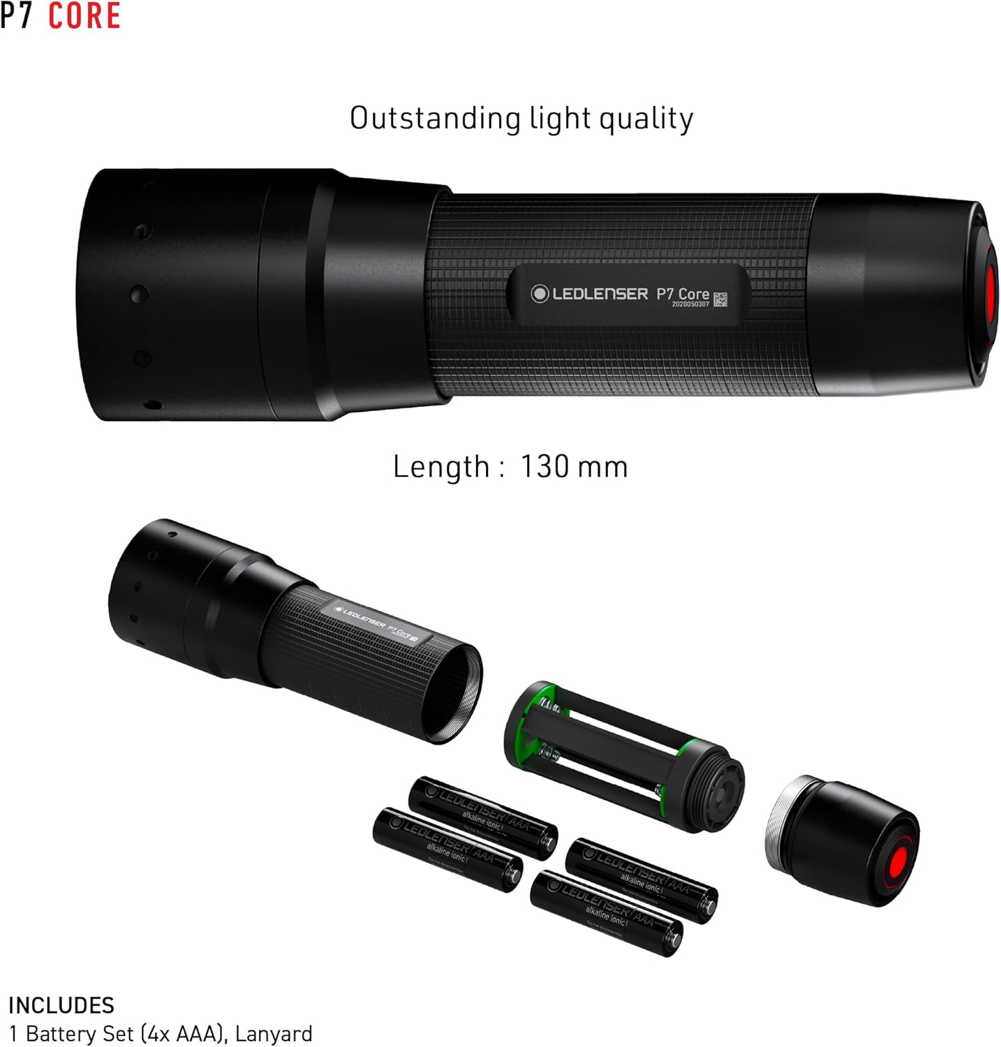 Ledlenser P7 Core Flashlight, High Power LED, 450 Lumens, Light for Home, Camping, Hiking, Tactical, and Emergency Use, Advanced Focus System