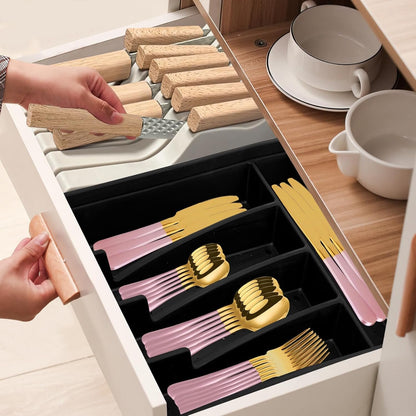 24-Piece Flatware Set with Organizer,Heavy Duty Stainless Steel Silverware for 6,Pink Cutlery Utensil Sets with Antiskid Handle，Rust-Proof Stainless Steel Cutlery, Mirror Polished (Pink)