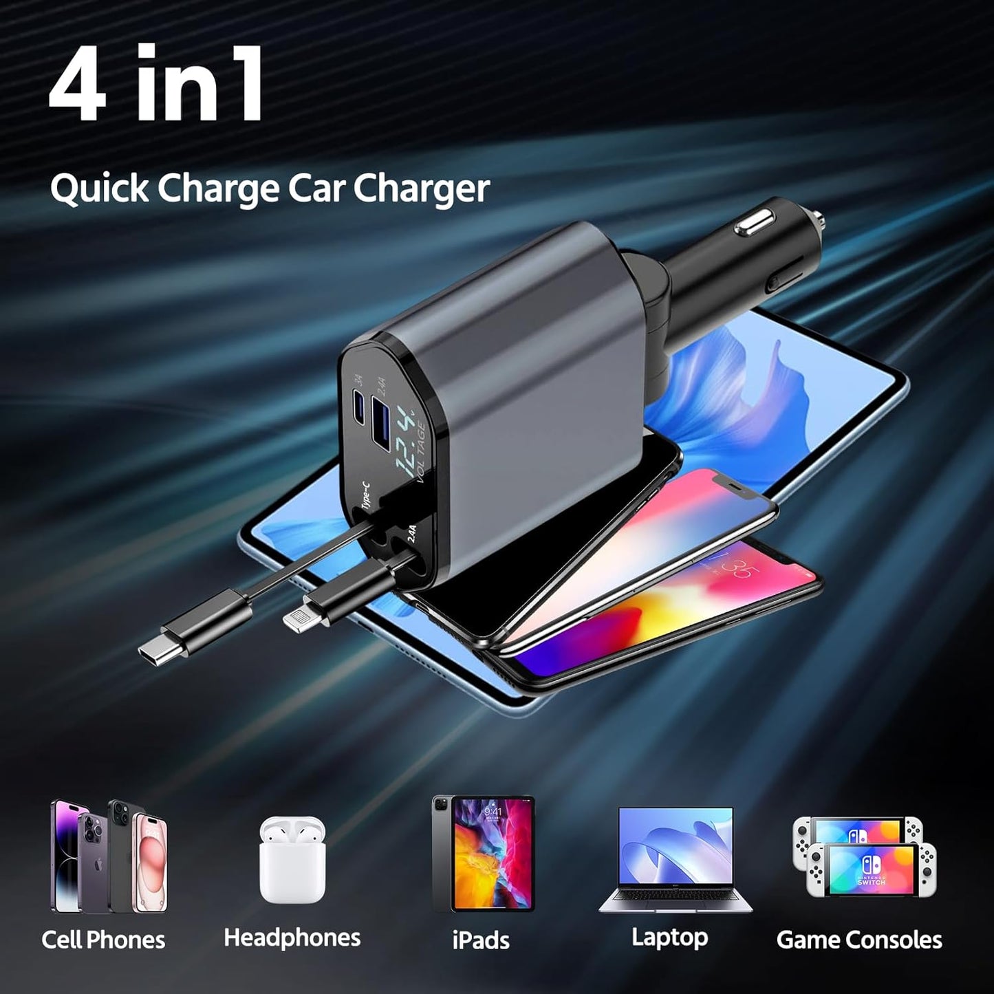 Sweetone Retractable Car Charger, Portable Car Charger 66 W Cigarette Lighter Socket USB C, Charger Adapter for Car Mobile Phone, Car Charger Compatible with iPhone/Samsung Galaxy/iPad